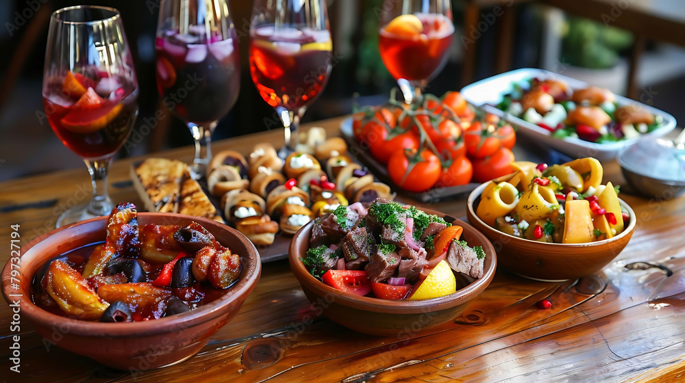 tapas night at a wooden table with a variety of bowls and glasses, including red wine, wine glasses