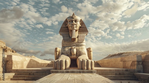 Bring to life the elusive beauty of a sphinxs rear view in a surreal 3D render, blending intricate details with a touch of mystery and grandeur, perfect for a virtual reality experience photo