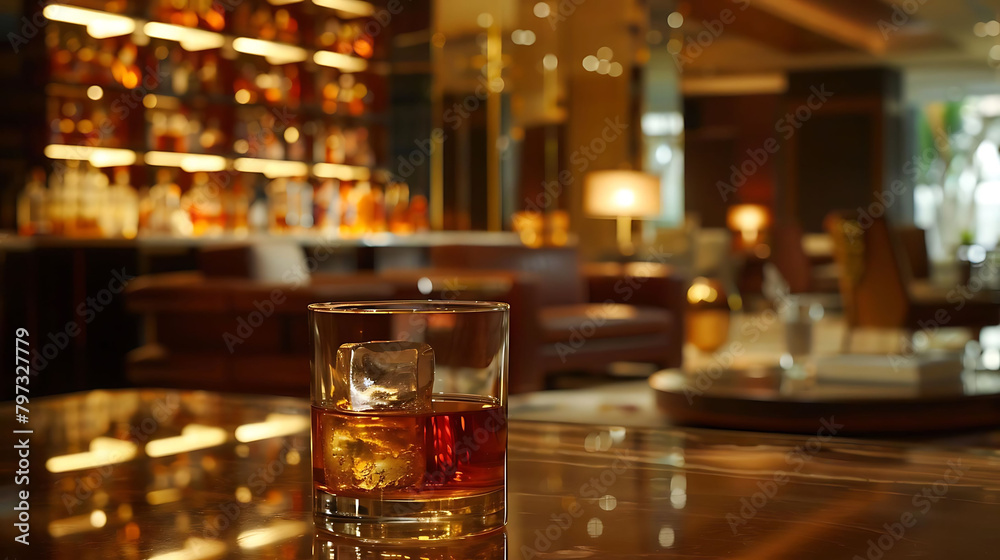 whiskey tasting at the bar with a brown chair and shiny table, illuminated by a lamp