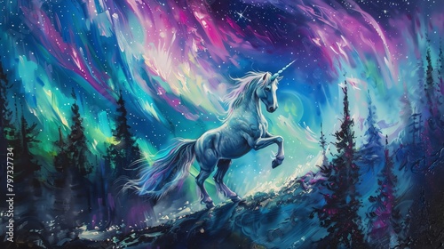 Capture a majestic unicorn in a graceful ballet pose under a mesmerizing, shimmering aurora borealis sky, using oil painting