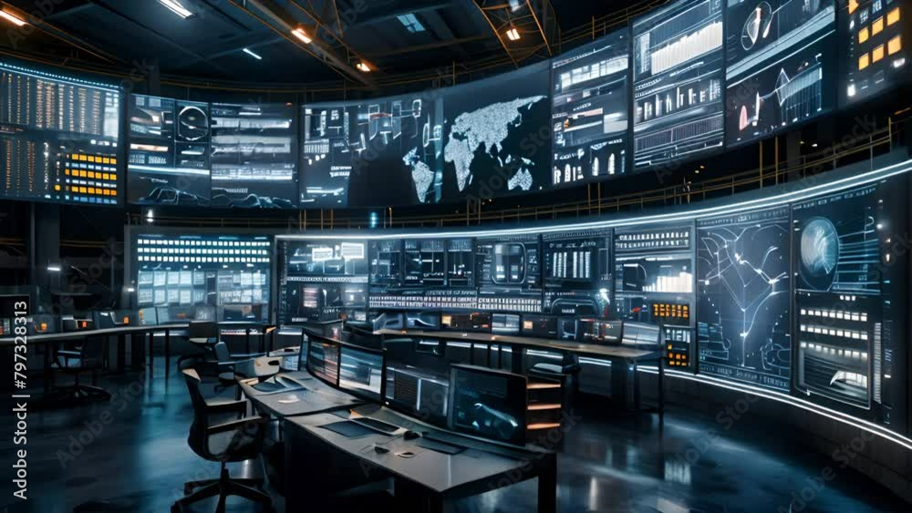 High-tech control room monitoring global data