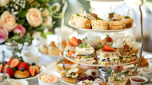 afternoon tea spread on a transparent background featuring a variety of cakes and pastries, includi