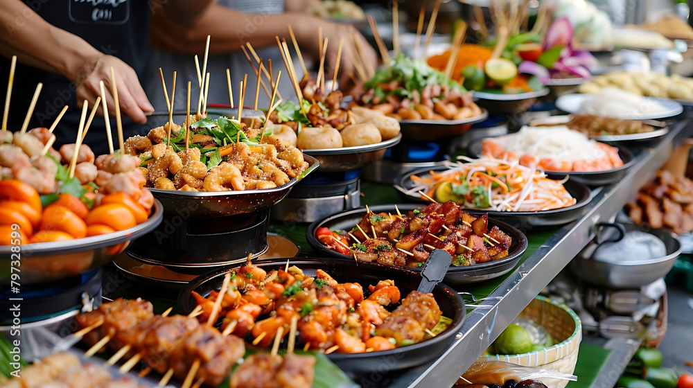 asian street food festival featuring a variety of dishes served in black and white bowls, accompani