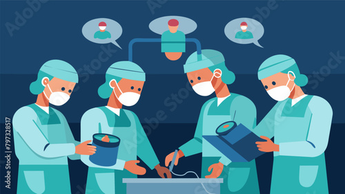 A team of surgeons each wearing a small neural implant at the base of their skull work together in a virtual operating room delicately manipulating.