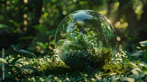 Glass globe encircled by verdant forest flora  symbolizing nature  environment  sustainability  ESG  and climate change awareness  generative ai hyper realistic 