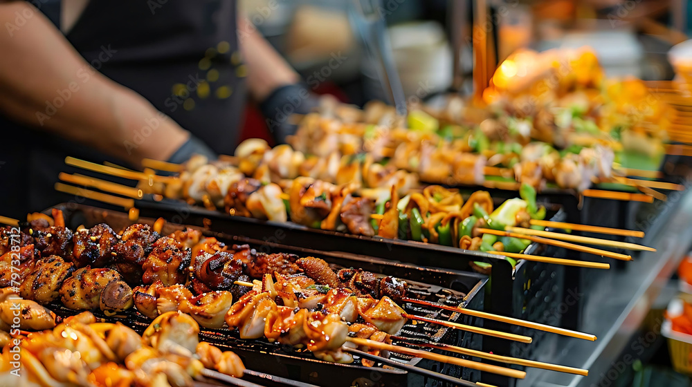 asian street food festival featuring skewered chicken and chopsticks, with a black person in the ba