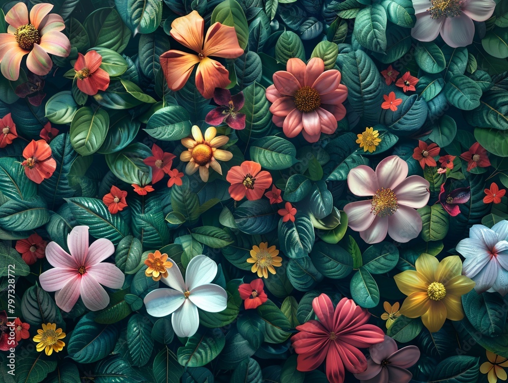 Colorful 3D wallpaper with a diverse array of flowers and foliage, rendered realistically to create a lively and vibrant natural background