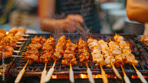 asian street food festival featuring skewered chicken and wooden sticks, with a blurry hand in the