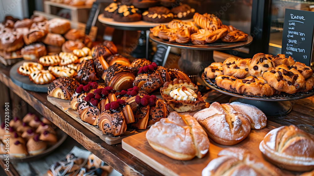 bakery showcase featuring a variety of pastries on a wooden table