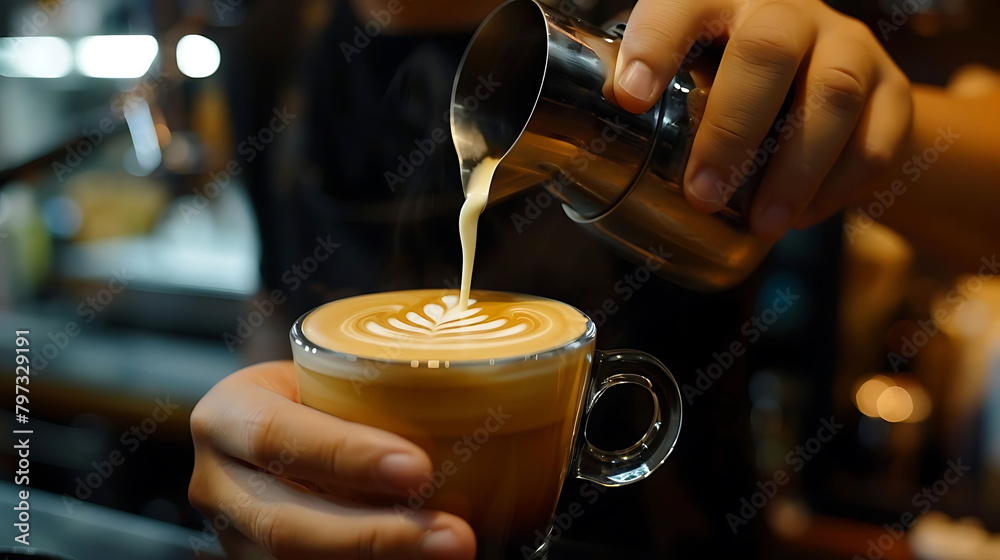 barista's crafting process captured in close - up, featuring a glass handle and a hand holding a cu barista's crafting process captured in close - up, featuring a glass handle and a hand holding a cu