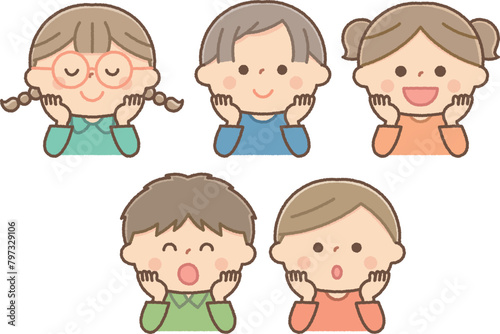 頬杖をつく可愛い子供のセット