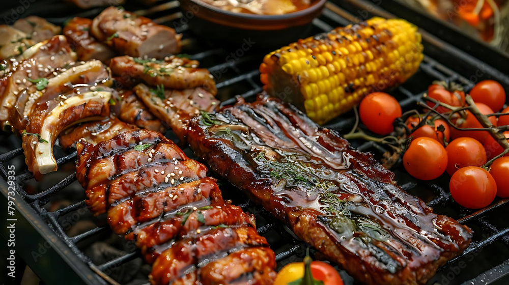 bbq feasts featuring grilled meat, corn, and tomatoes, served in a brown bowl