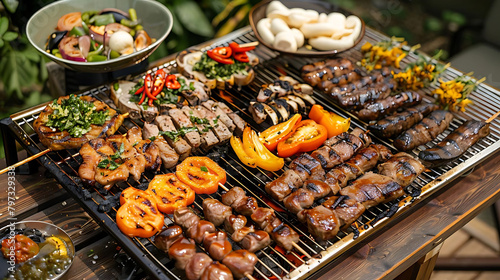 bbq feast with a variety of meats and vegetables, served in a white bowl, accompanied by a yellow p