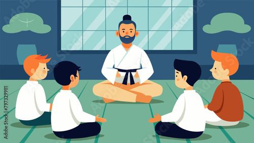 A group of students sitting in a serene dojo listening intently as the wise master shares the philosophical principles of martial arts.