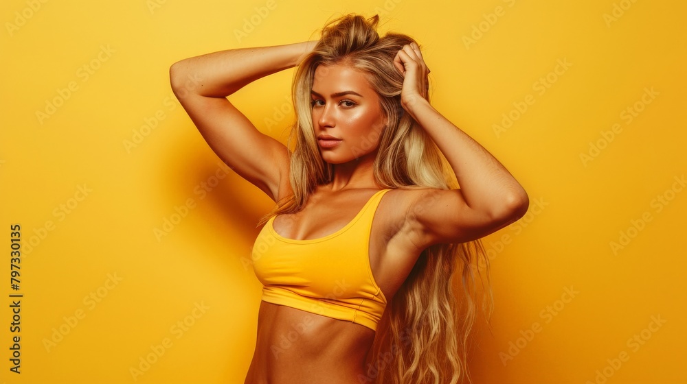 beautiful muscular blonde girl posing on a yellow background and showing her biceps beautiful muscular blonde girl posing on a yellow background and showing her biceps