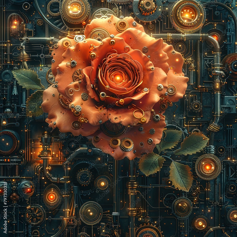 a rose that is on a circuit board with gears