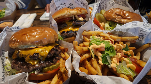 burger joint vibes with a variety of toppings, including yellow cheese, brown bun, and green lettuc photo