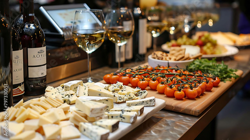 cheese and wine soiree on a wooden countertop with a white bowl and wine glasses, accompanied by a
