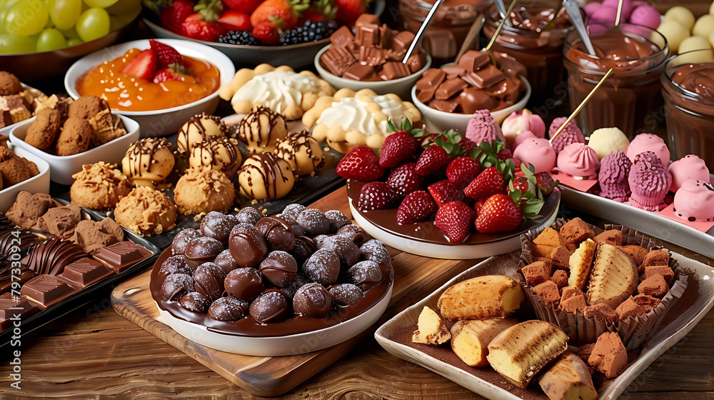 chocolate fondue desserts displayed on a wooden table, accompanied by a white bowl and a brown bowl