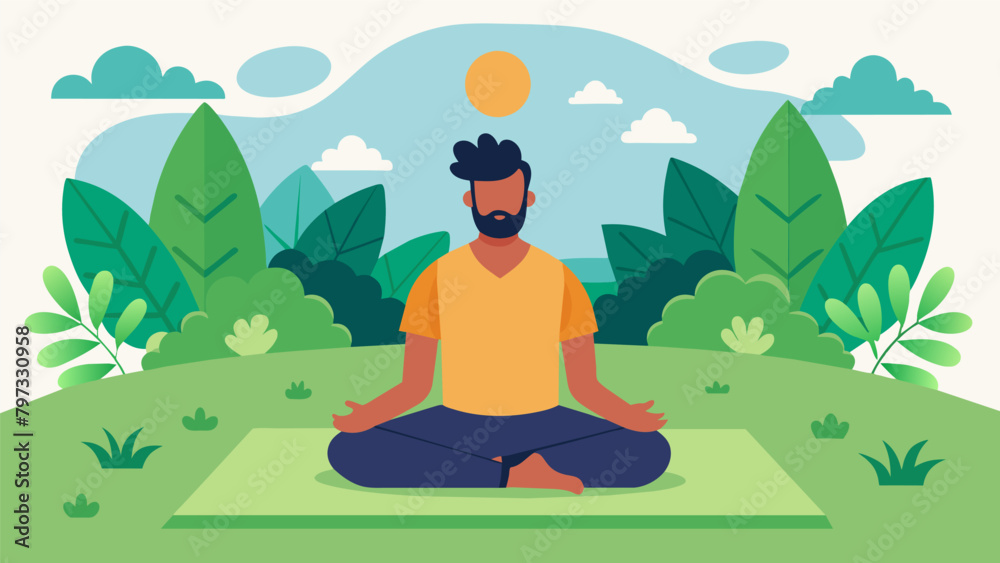 In a serene outdoor setting a man meditates on a yoga mat surrounded by lush greenery as calming music plays in the background..