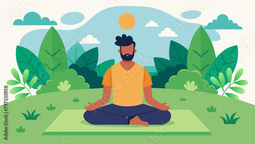 In a serene outdoor setting a man meditates on a yoga mat surrounded by lush greenery as calming music plays in the background..