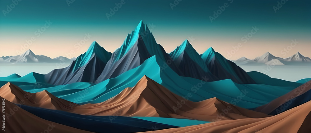 Minimal modern abstract background. Mountains panorama landscape with dark blue and brown peaks and teal sky. Minimal modern abstract background. Mountains panorama landscape with dark blue and brown peaks and teal sky.