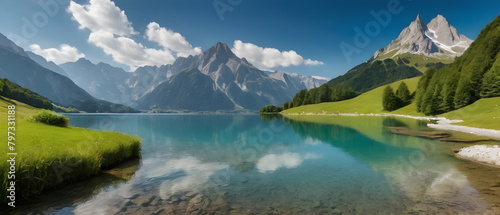 Panorama of beautiful summer landscape, clear mountain lake with majestic mountains on the background. © Rat Art