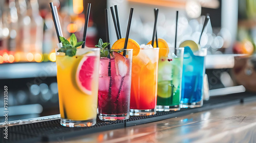 cocktail hour at the bar with a variety of drinks served in tall and colorful glasses, accompanied
