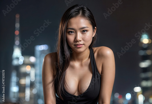 Stylish Asian Woman in Black Dress Against Night Cityscape