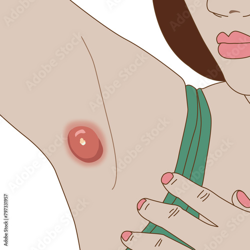 A woman with a abscess on her armpit. Illustration on white background
