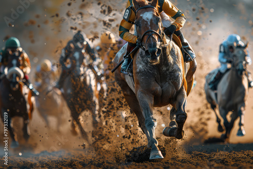 A photo of horse racing shows the horses and jockeys running at full speed in an intense competition. Created with Ai © Creative Stock 