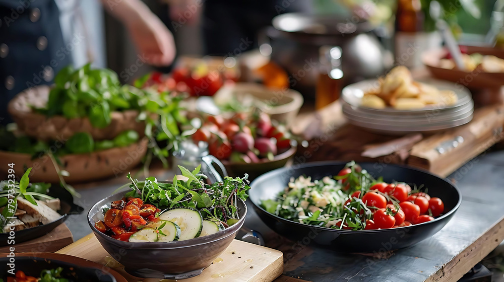 farm - to - table cuisine served on a wooden table with a variety of bowls and utensils, including