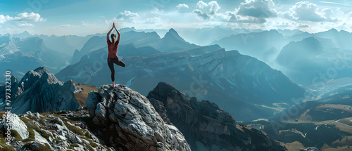 Woman training yoga, mountains on background © katobonsai