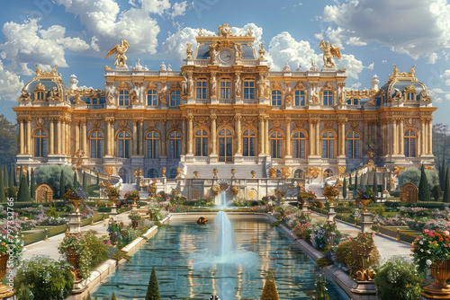 A grand, Baroque-style palace with intricate details and ornate architecture stands majestically against the backdrop of an idyllic garden filled with fountains and water features. Created with Ai photo