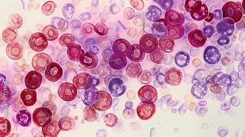 A medical image of a leukemic blood smear, with an overabundance of immature white blood cells photo