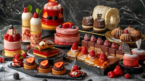 gourmet desserts including chocolate and pink cakes, a red cake, and a red strawberry are displayed