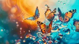 Colorful butterflies on a blue and orange liquid background