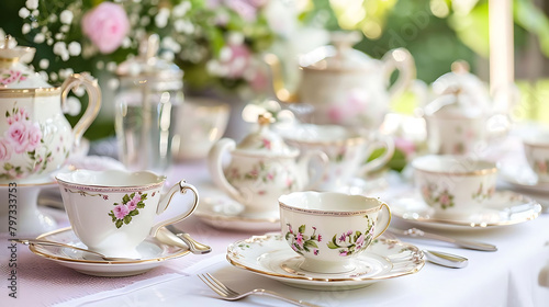 high tea affair tea cups and saucers, silver spoons, and pink flowers arranged on a transparent bac