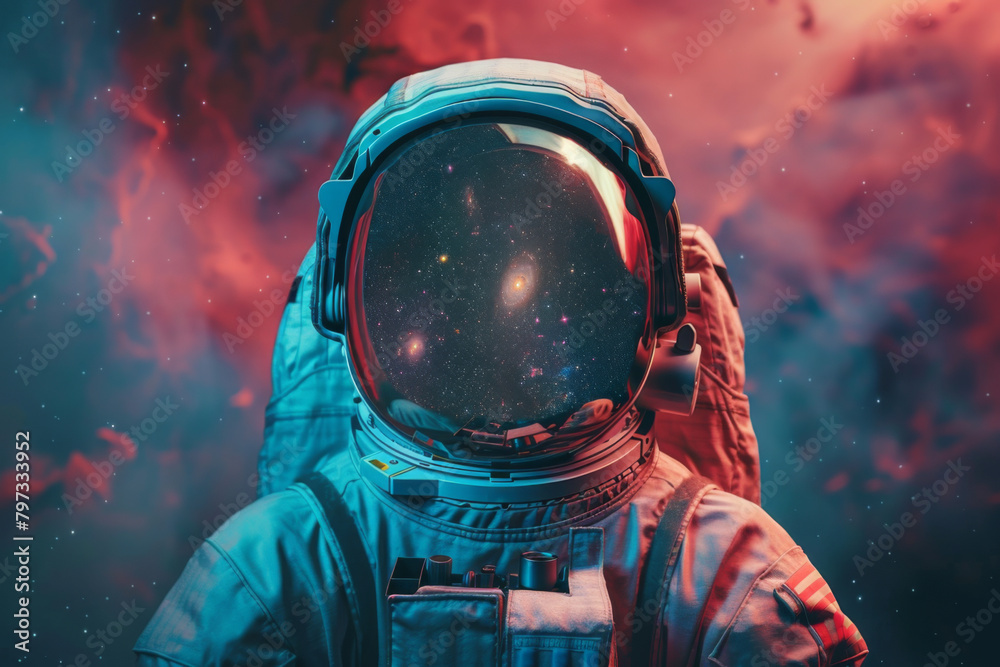 Front view astronaut potrait. Astronaut in space suit with galaxy and nebula reflection in helmet glass Front view astronaut potrait. Astronaut in space suit with galaxy and nebula reflection in helmet glass