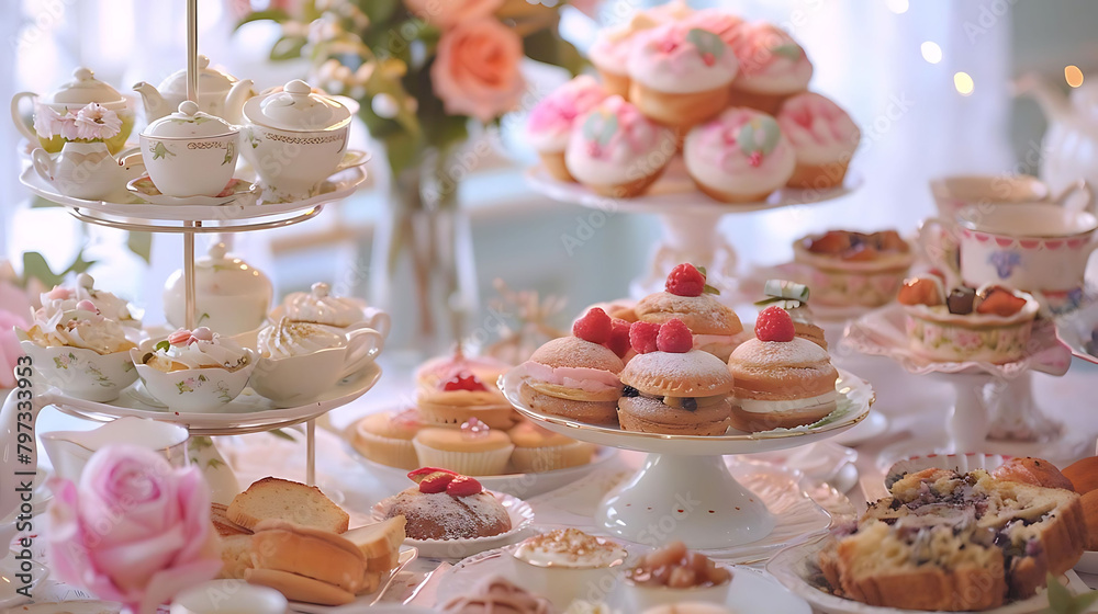 high tea affair featuring a variety of cakes and cupcakes on a transparent background, accompanied