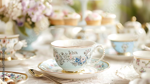 high tea affair tea cups and saucers on a transparent background, accompanied by a silver spoon and