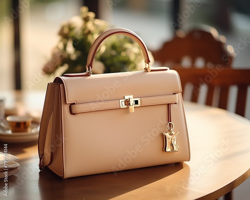 Elegant handbag displayed on a polished wooden table, soft natural light, luxury accessories concept, neutral tones