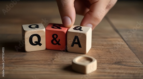 "Q and A" concept text on wooden blocks, index finger, Questions and Answers.generative.ai