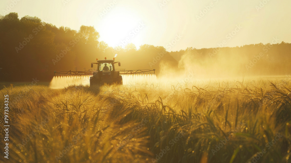 Fototapeta premium Tractor spraying pesticides in morning on soybean field