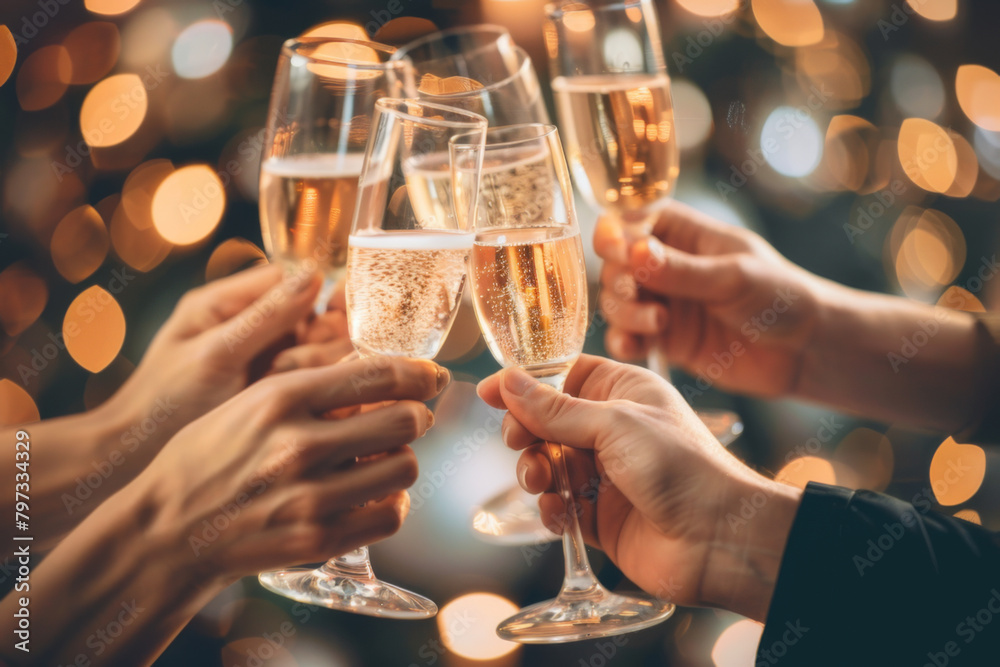 hands with glasses of champagne wine clink against in party blurred background