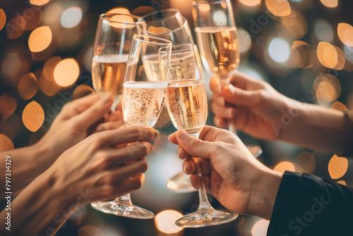 Obraz na płótnie hands with glasses of champagne wine clink against in party blurred background w salonie