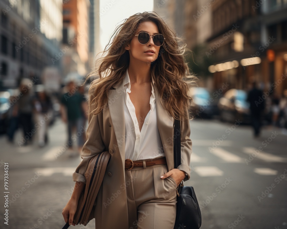 Trendy young woman walking on a busy city street, wearing a chic oversized blazer and carrying a designer bag, urban fashion lifestyle Trendy young woman walking on a busy city street, wearing a chic oversized blazer and carrying a designer bag, urban fashion lifestyle