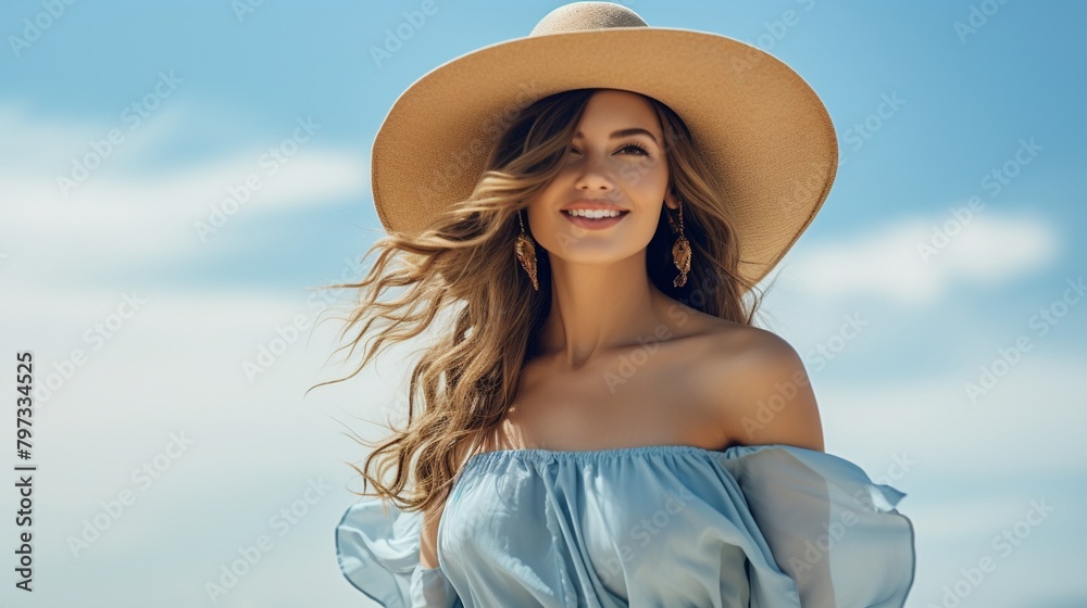 Stylish young woman in a floppy summer hat, walking on a sunny beach, breezy seaside fashion, soft focus on natural beauty, clear blue sky