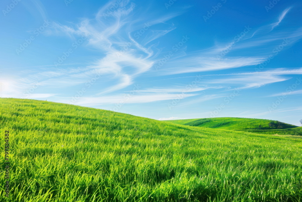 Smooth meadow on the hill with blue sky, beautiful landscape