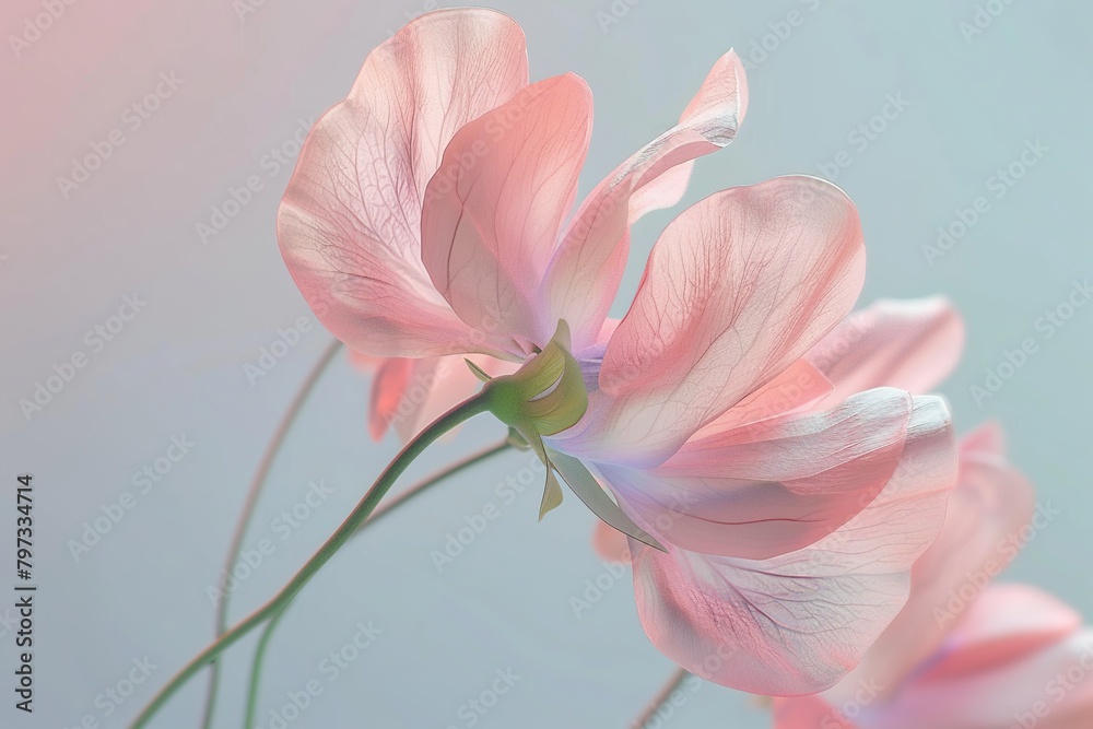 A minimalist 3D image of a pastel sweet pea, with its soft petals and tendrils